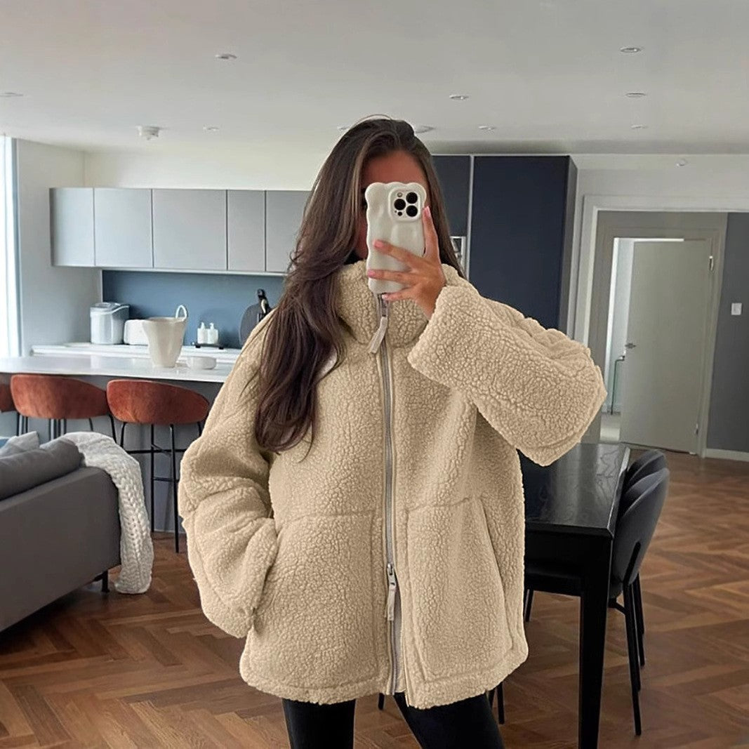 Damen nan oversized Sherpa-Outdoorjacke mit Zweiwege-Reißverschluss, hohem Stehkragen und verdeckten Eingrifftaschen EB
