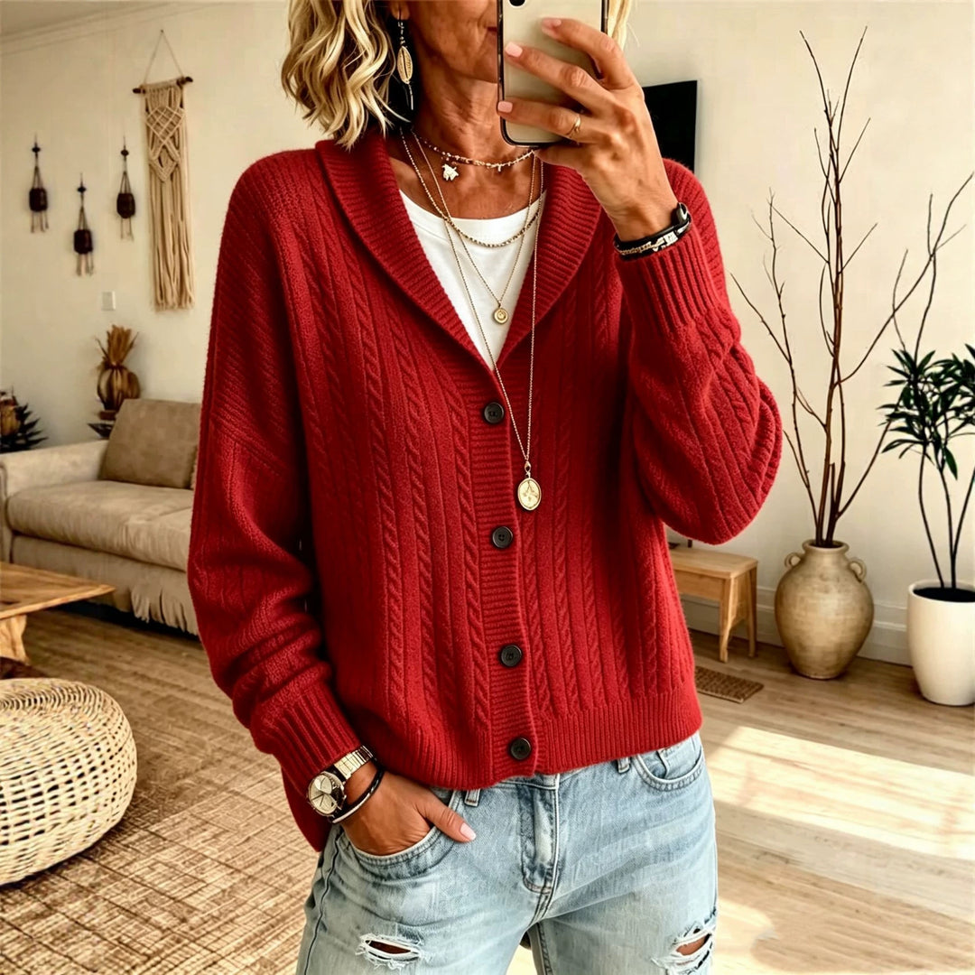 Damen Langer Schalkragen-Cardigan aus Zopfmuster mit gerippten Bündchen EB