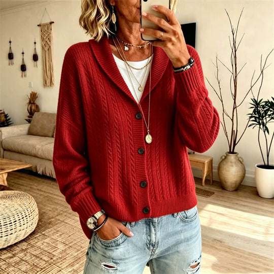 Damen Langer Schalkragen-Cardigan aus Zopfmuster mit gerippten Bündchen EB