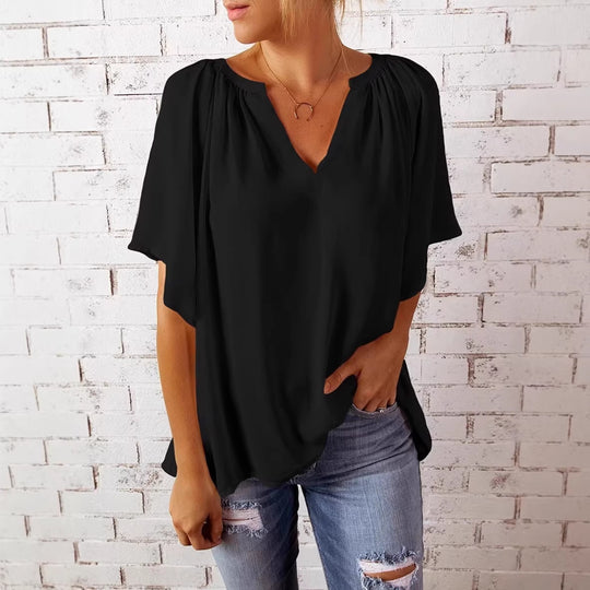 Damen lockeres Blusenshirt mit V-Ausschnitt und luftigen Ärmeln EB