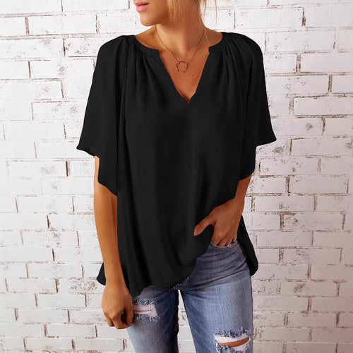 Damen lockeres Blusenshirt mit V-Ausschnitt und luftigen Ärmeln EB