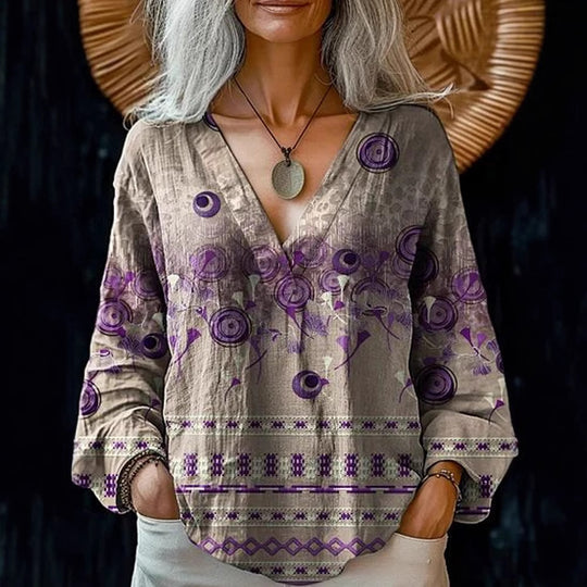 Damen Boho-Leinenmischung Tunika-Bluse mit V-Ausschnitt und floraler Aquarellstickerei EB