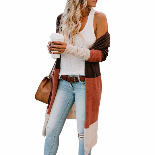 Damen lässiger Strickmantel mit Farbblock-Design und offenem Schnitt EB