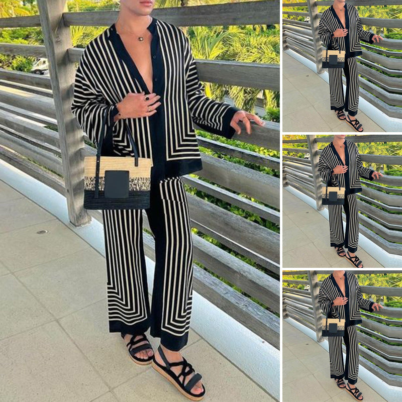 Damen nan gestreiftes Lounge-Zweiteiler mit Stehkragen knöpfbarer Hemdjacke und gerader Pyjamahose EB