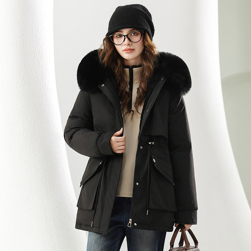 Damen Modische Winterjacke mit abnehmbarer Kapuze und hochwertigem Kunstfell EB