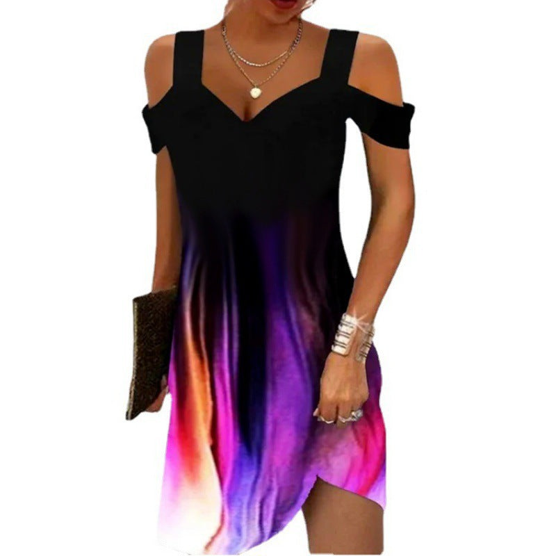 Damen Off-Shoulder Sommerkleid mit schwingendem Saum und aufregendem Spiraldesign EB