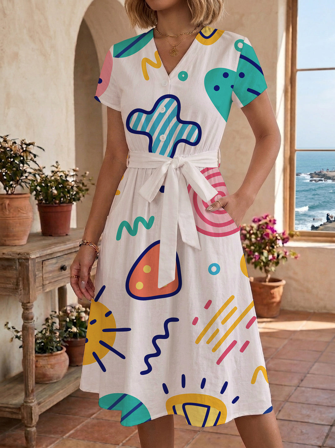 Damen Midikleid mit farbenfrohem Blumendesign und taillierbarem Bindegürtel EB
