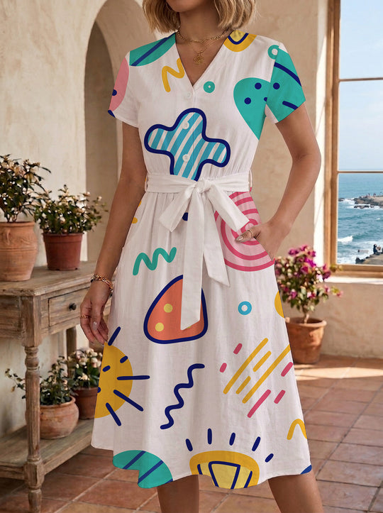Damen Midikleid mit farbenfrohem Blumendesign und taillierbarem Bindegürtel EB
