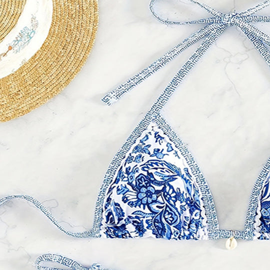 Damen Triangel-Bikini-Set mit raffinierten Bindebändern und floralem Muster EB