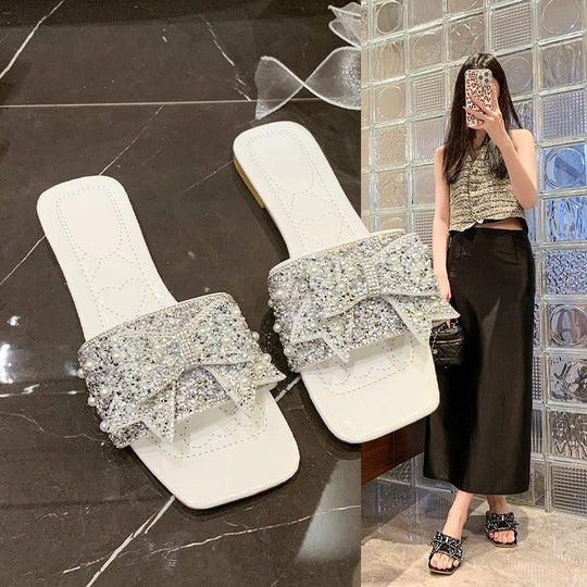 Damen Glamouröse Slides mit funkelnden Rhinestone-Schleifen EB