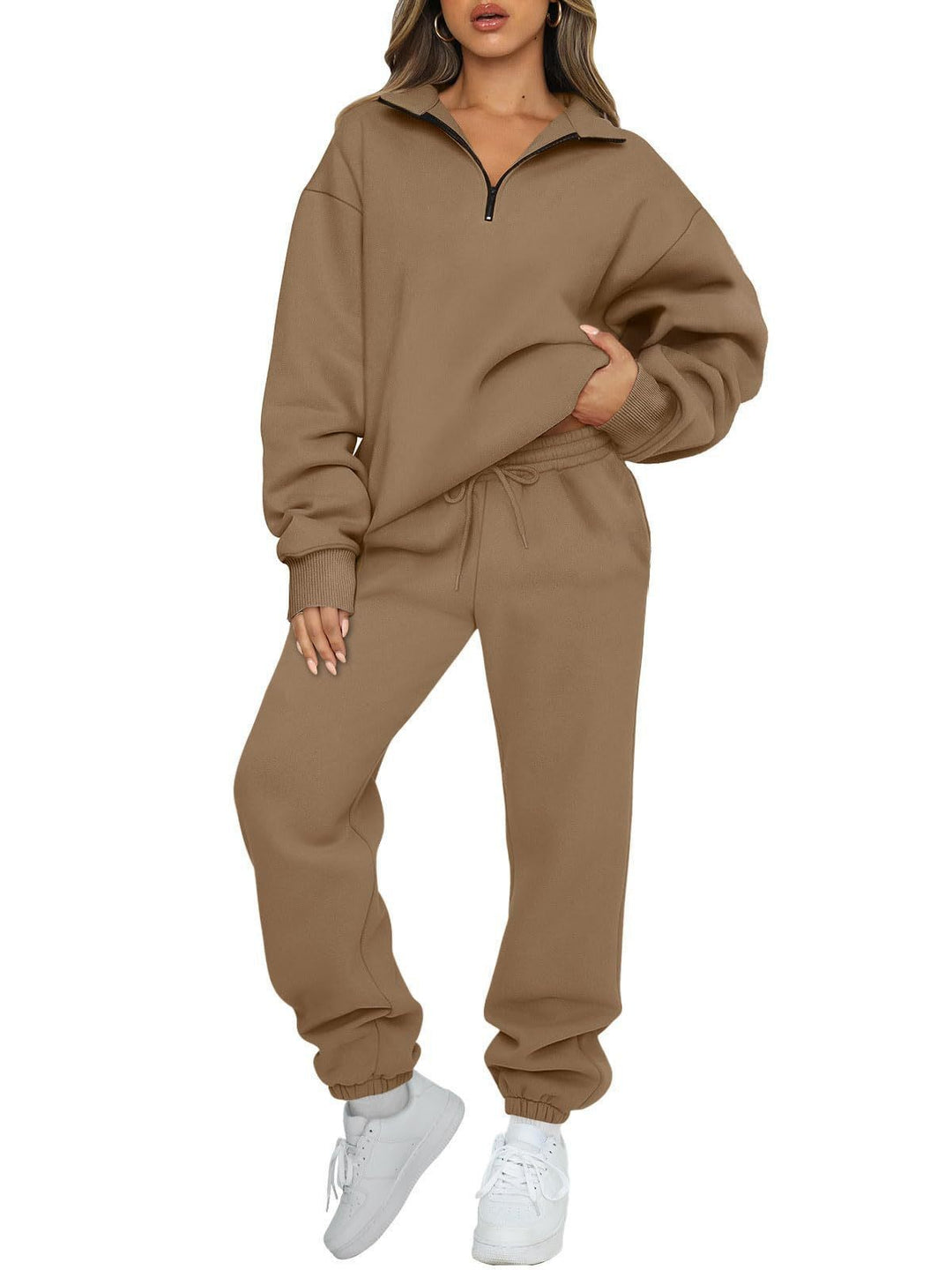 Damen nan oversized Sweatshirt Jogginghose Set mit Reißverschlusskragen EB