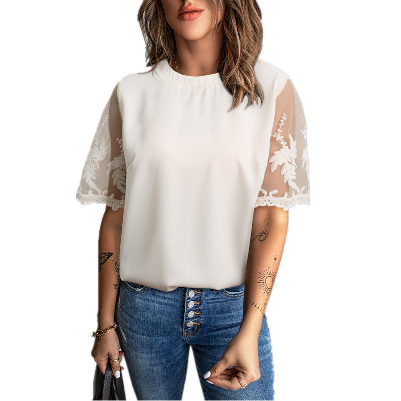 Damen Elegantes T-Shirt mit Spitze an den Ärmeln EB