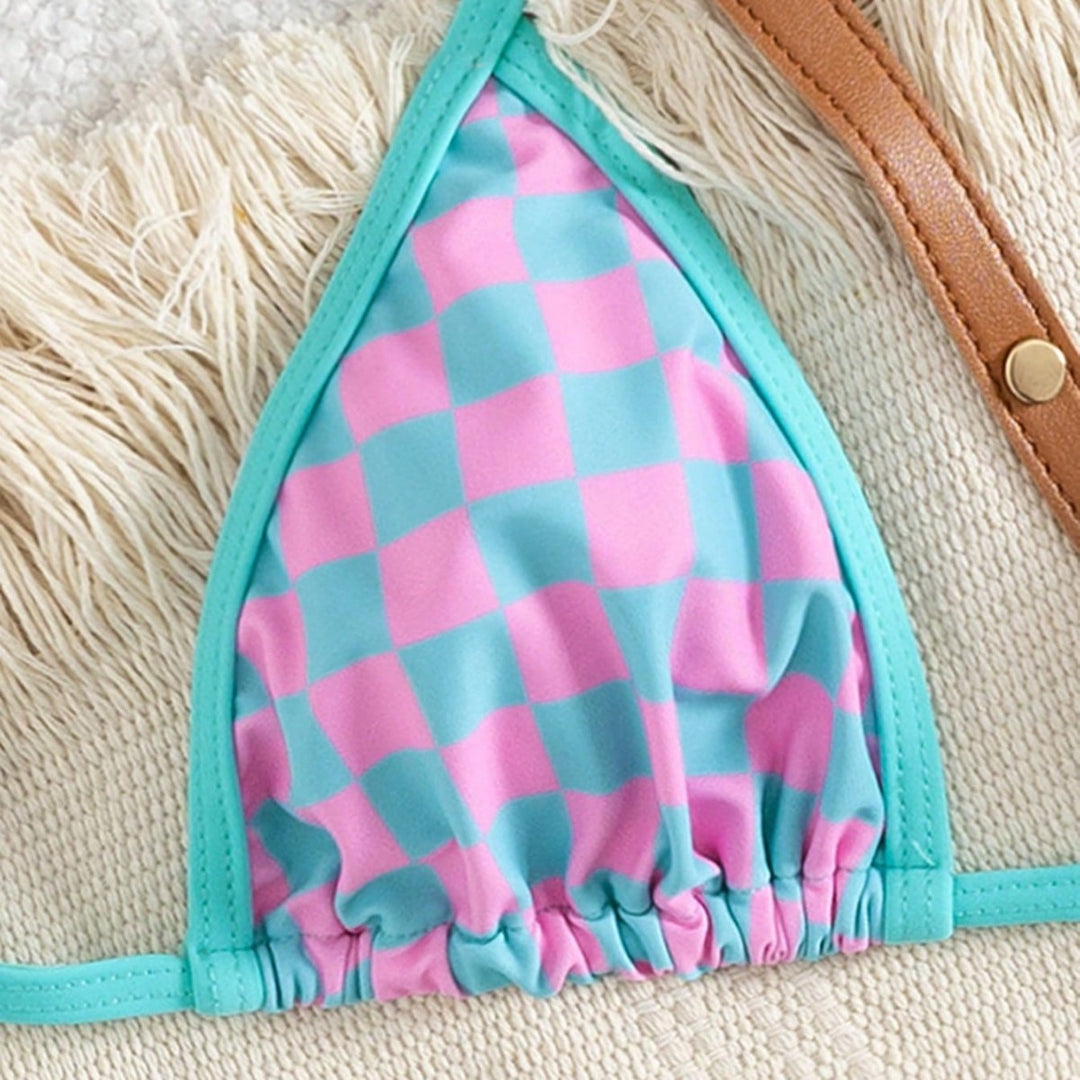 Damen Triangel-Bikini mit Karomuster und raffinierten Bindebändern EB