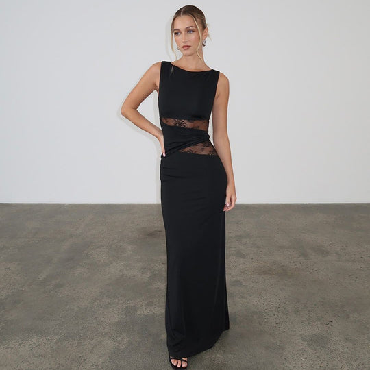 Damen Elegantes langes Kleid mit raffinierten Spitzendetails EB