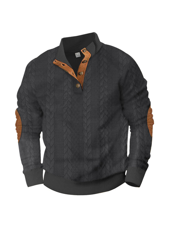 Herren nan lässiger Zopfstrickpullover mit verstärkter Knopfleiste und Wildleder-Ellenbogenpatches EB