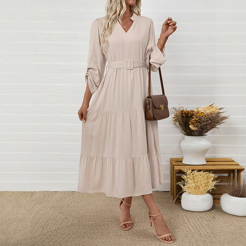 Damen Midikleid mit elegantem V-Ausschnitt und Taillengürtel EB
