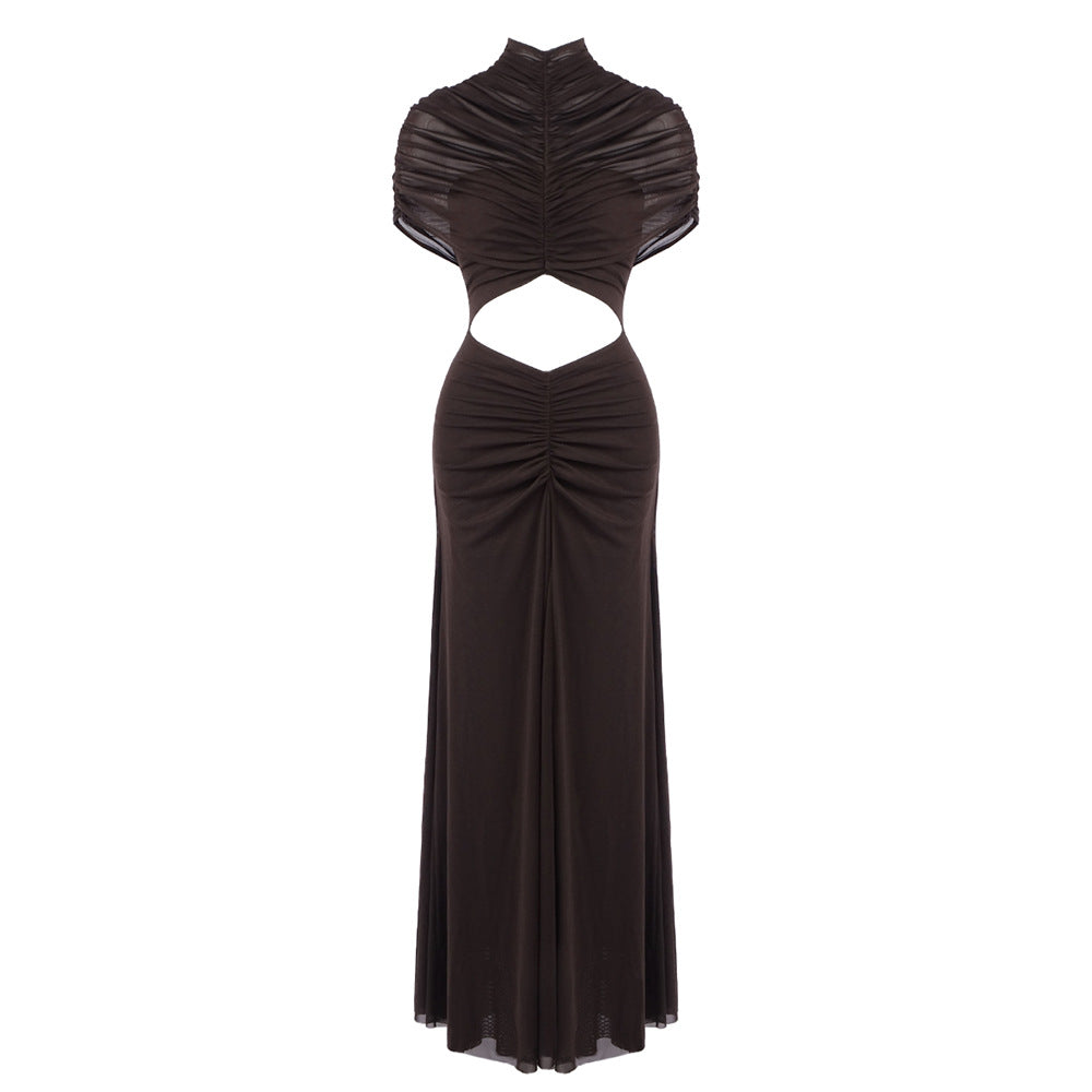 Damen Elegantes Cut-Out Maxikleid mit hochgeschlossenem Design und raffinierten Drapierungen EB
