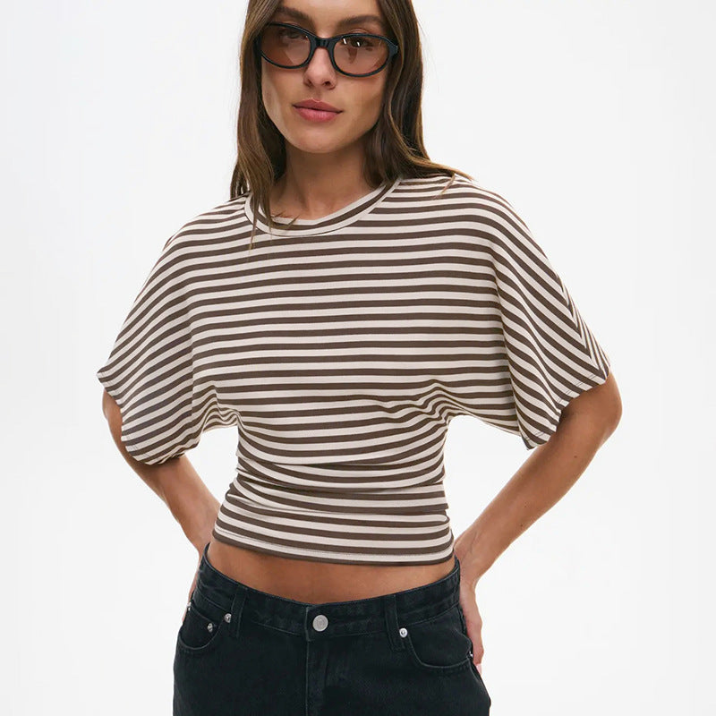 Damen modernes Kurzarm-Top mit lässigem Streifenmuster und elegantem Schnitt EB