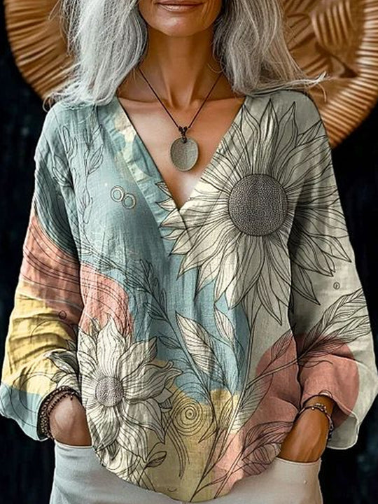 Damen Boho-Leinenmischung Tunika-Bluse mit V-Ausschnitt und floraler Aquarellstickerei EB
