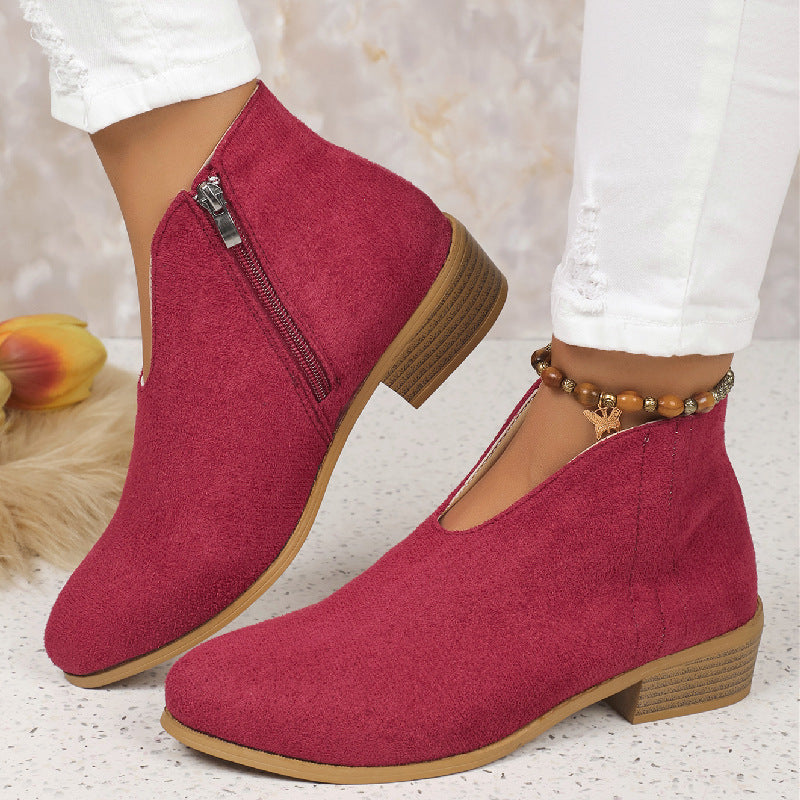 Damen nan knöchelhohe Stiefelette mit V-Ausschnitt, weichem Obermaterial und leichtem Holzblockabsatz EB