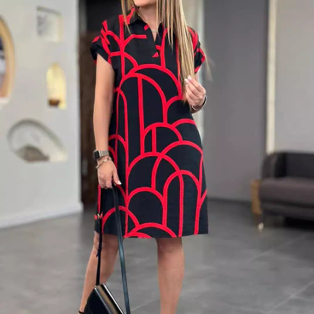 Damen nan legeres Hemdblusenkleid mit V-Ausschnitt, kurzen Umschlagärmeln und grafischem Alloverprint EB