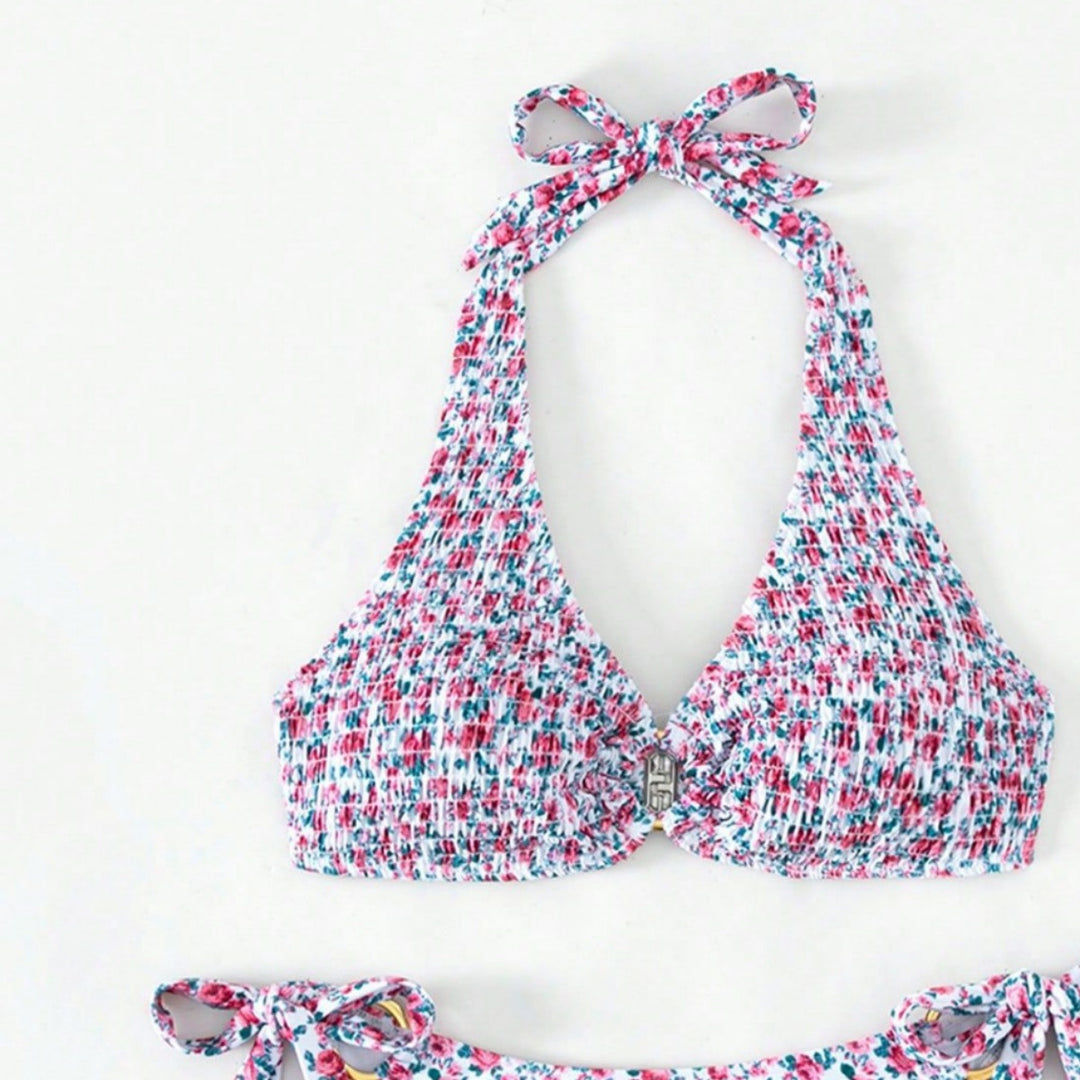Damen Triangel-Bikini mit verspieltem Blumenmuster und komfortablen Schleifen EB