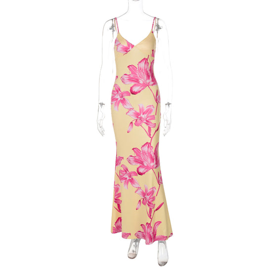 Damen Maxikleid mit Blumenmuster und schmalen Spaghettiträgern EB