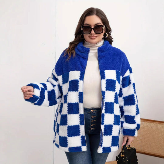 Damen Fleecejacke mit Karo-Design und hohem Kragen EB