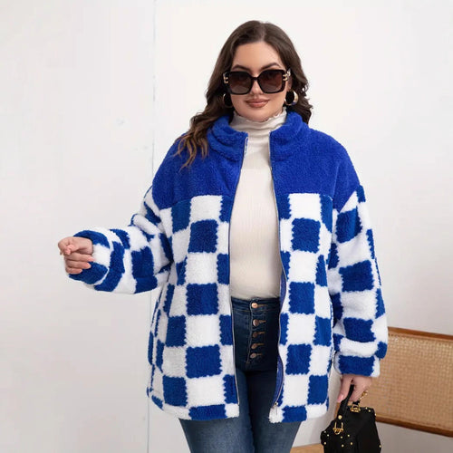 Damen Fleecejacke mit Karo-Design und hohem Kragen EB