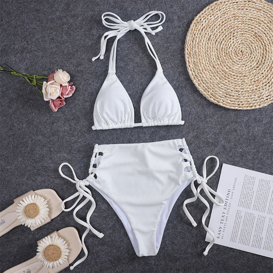 Damen Hochtailliertes Triangel-Bikini-Set mit Bindebändern EB