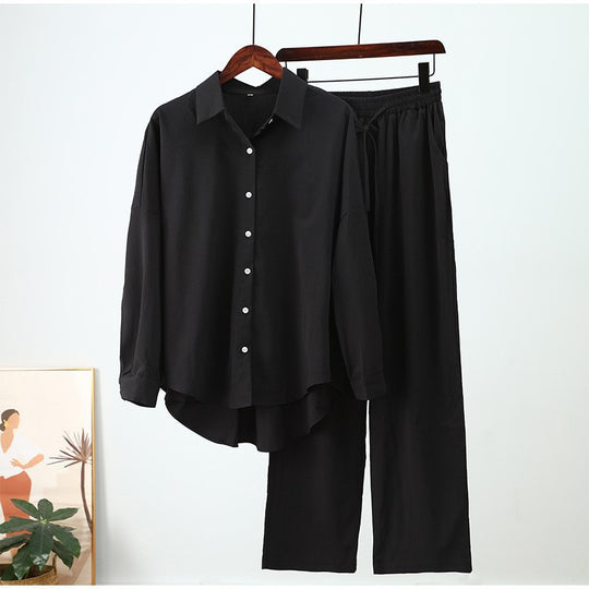 Damen nan lockeres zweiteiliges Lounge-Set mit Oversize-Hemd und elastischer Bundhose EB