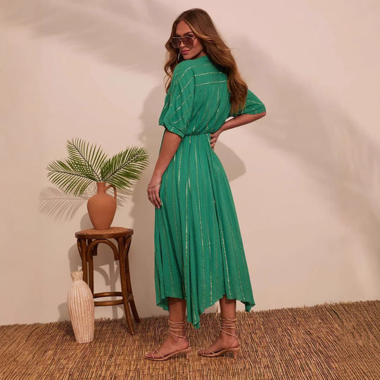 Damen Maxi-Kleid mit hochgeschlossenem V-Ausschnitt und fließendem Faltenwurf EB