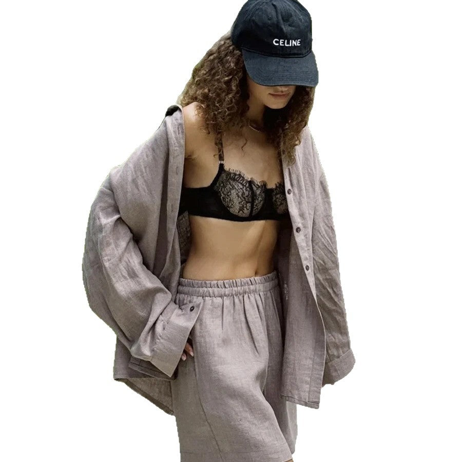Damen lässiges Leinen Set mit lockerer Bluse und Shorts EB