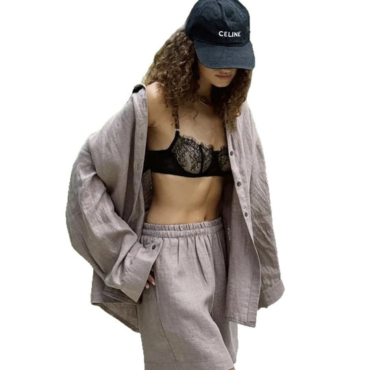 Damen lässiges Leinen Set mit lockerer Bluse und Shorts EB