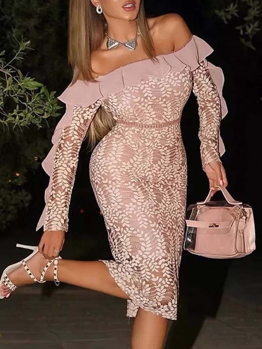 Damen Figurbetontes Spitzenkleid mit schulterfreiem Design und Rüschendetails EB