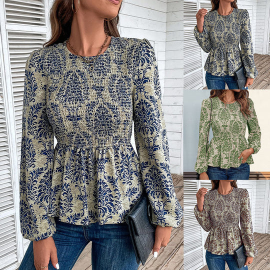 Damen Oberteil mit floralem Design und gerafftem Saum EB