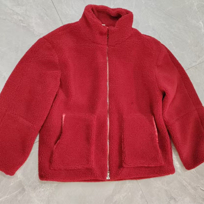 Damen Kuschelige Teddyfelljacke mit hohen Kragen und Reißverschluss EB