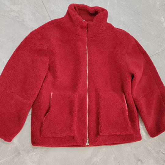 Damen Kuschelige Teddyfelljacke mit hohen Kragen und Reißverschluss EB