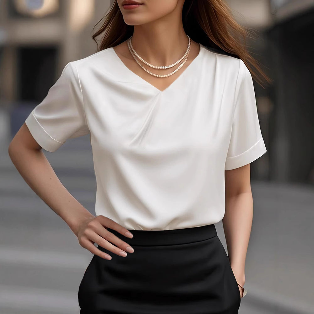 Damen Elegantes V-Ausschnitt Blusenshirt mit kurzärmeligen Design EB