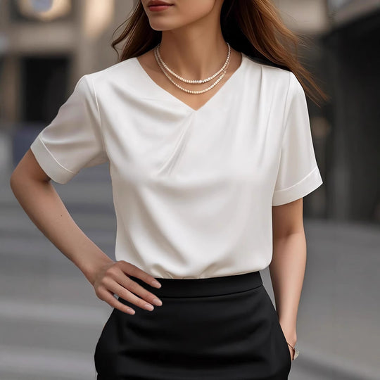 Damen Elegantes V-Ausschnitt Blusenshirt mit kurzärmeligen Design EB