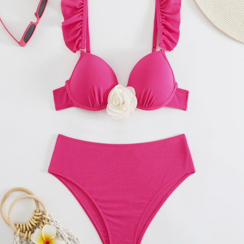 Damen Hochtailliertes Bikini-Set mit Rüschen und floralem Detail EB