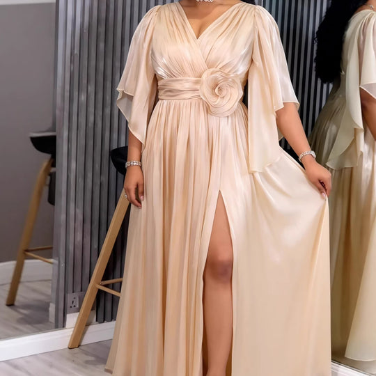 Damen Fließendes Maxi-Kleid mit eleganten Volantärmeln und Taillengürtel EB