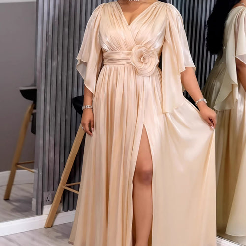 Damen Fließendes Maxi-Kleid mit eleganten Volantärmeln und Taillengürtel EB