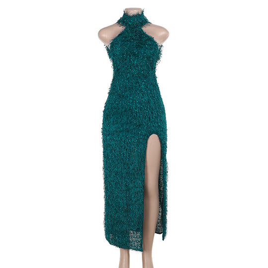 Damen elegantes Maxikleid mit hohem Schlitz und floralem Strukturdesign EB