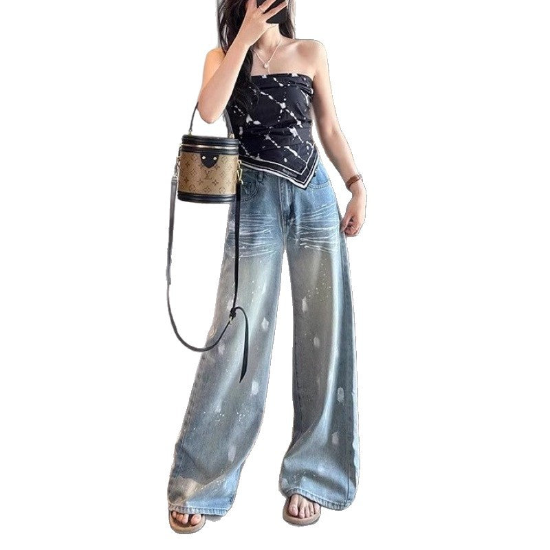 Damen Weite High-Waist Jeans mit modischem Waschdesign EB