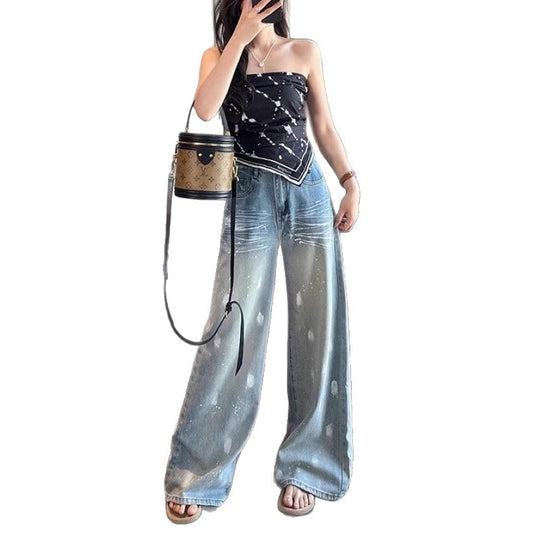Damen Weite High-Waist Jeans mit modischem Waschdesign EB