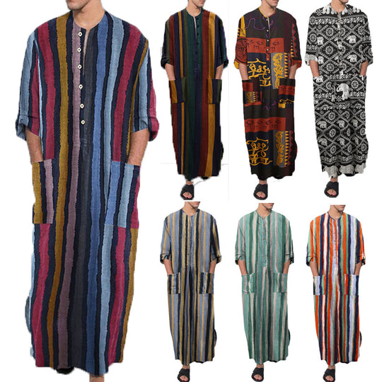 Herren nan bodenlanger gestreifter Leinenmix Kaftan mit Stehkragen und aufgesetzten Hüfttaschen EB