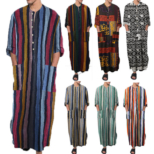 Herren nan bodenlanger gestreifter Leinenmix Kaftan mit Stehkragen und aufgesetzten Hüfttaschen EB