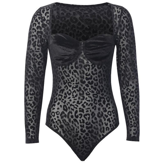 Damen Elegantes transparente Bodysuit mit zarter Leopardenmusterung EB