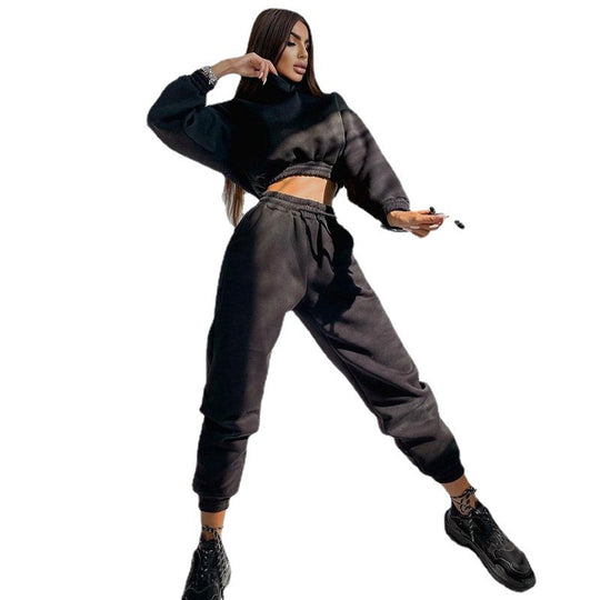 Damen nan Cropped-Hoodie-Loungewear-Set mit elastischem Rippbund, hoher Taillen-Jogginghose und dekorativem Kordelzug EB
